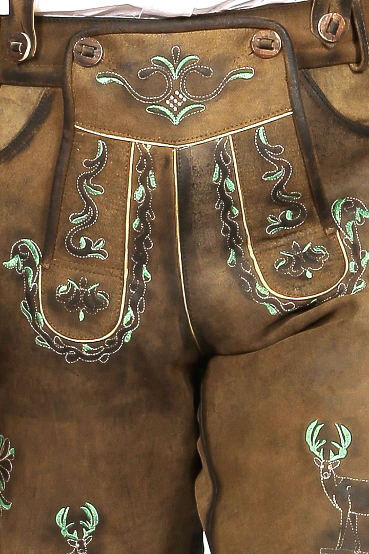 Mens Lederhosen Brown Green Deer Motifs